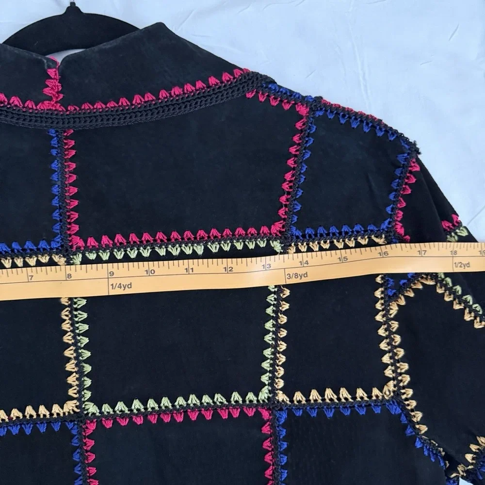 Patchwork Suede Leather Jacket Black Medium Colorful Vtg Boho Crochet Funky 90s